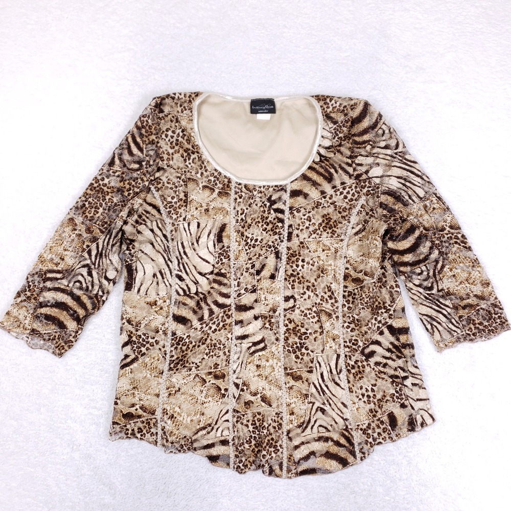 Brittany Blake Mixed Animal Print Mesh Top Womens 2X Lace 3/4 Sleeve Y2K Blouse